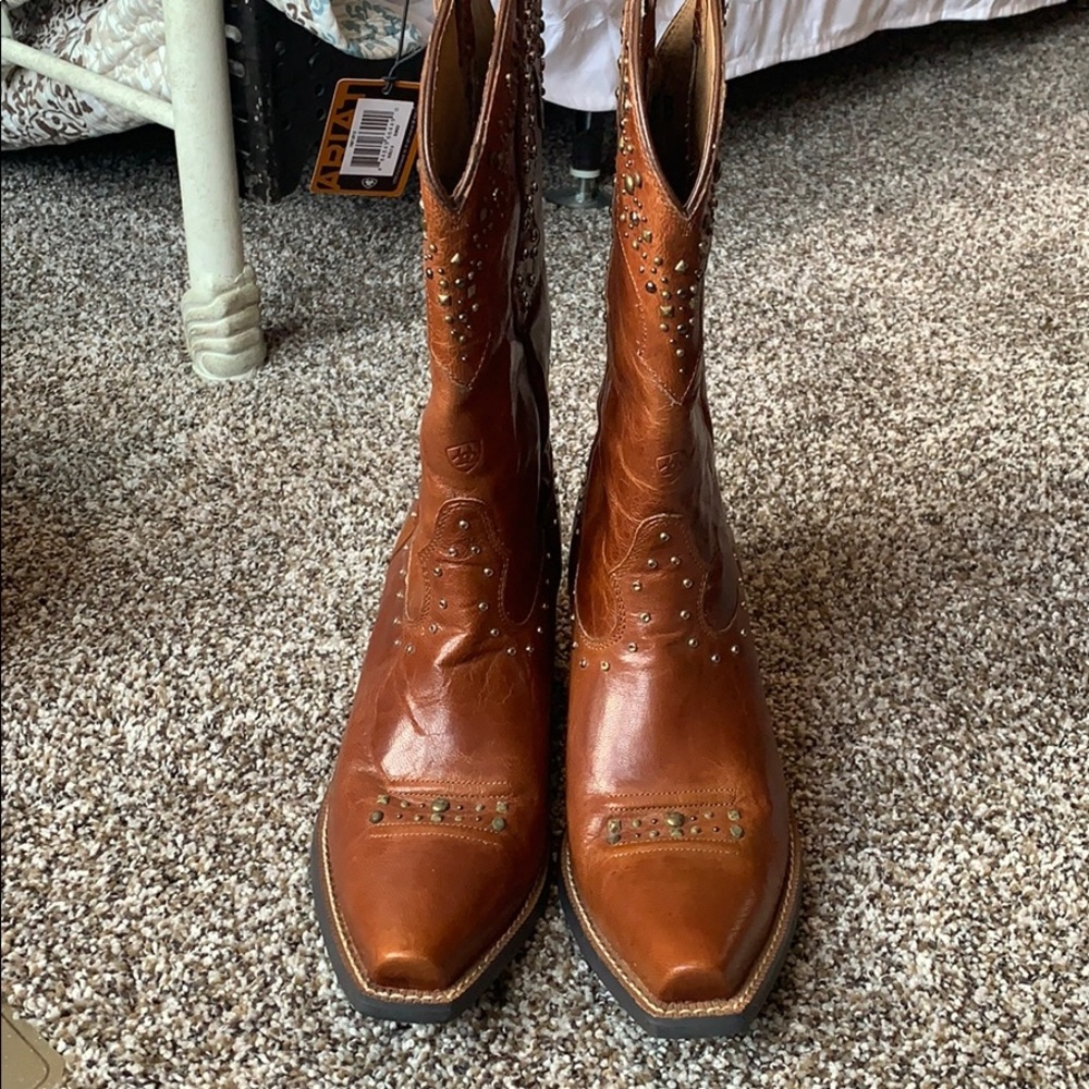 Ariat Brown Studded Leather Western Heeled Boots - Picture 2 of 4